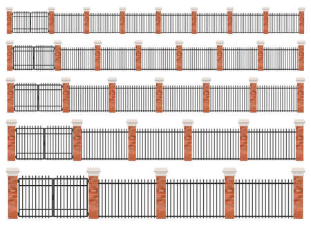 Realistic brick and steel fence setのイラスト素材