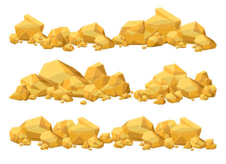 Set of gold stones and boulders in cartoon style. Gold nuggets. Gemstones. Gold mine elementsのイラスト素材