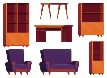 Furniture items in cartoon style. Collection of wooden wardrobe, chair, table, desk and armchair vector illustration isolated on whiteのイラスト素材