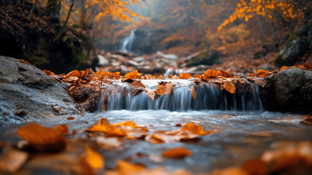 Autumn forest waterfall with yellow leaves and rocks in the foreground.の素材