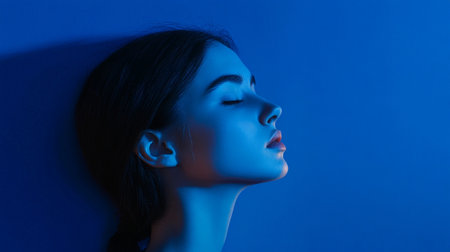 Portrait of a beautiful young woman with closed eyes on a blue backgroundの素材