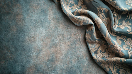 Crumpled blue silk fabric with damask pattern on grunge backgroundの素材