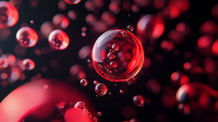 Red bubbles in water on black background. 3d render illustration.の素材
