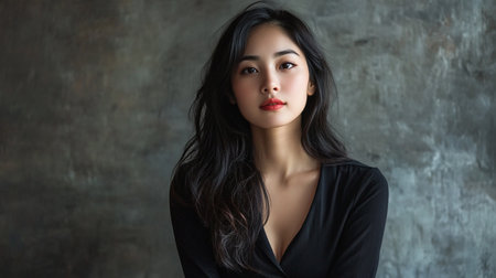 Portrait of a beautiful asian woman with dark hair and red lipsの素材