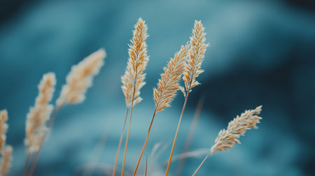 Dry grass on blue background, soft focus, vintage tone.の素材