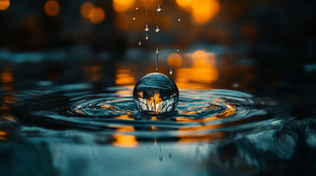 Falling drops of water. Splash effect after collision a falling drops with water Surfaceの素材