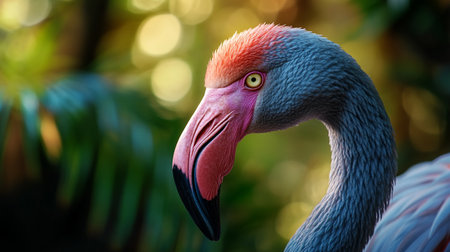 Close up of a flamingo head in the tropical forest with green backgroundの素材