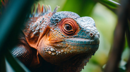 Close up of the head of a green iguana in the jungleの素材