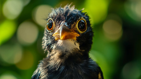 Close-up of a black bird with yellow eyes and beakの素材