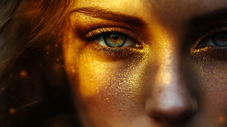 Close-up portrait of a beautiful girl with golden make-upの素材