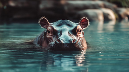 Hippopotamus in the water, close-up portrait.の素材