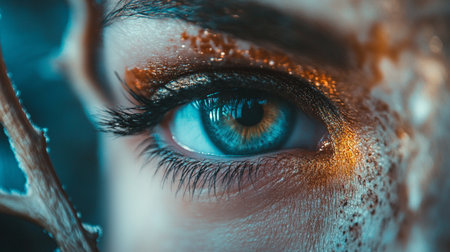 Close up shot of a woman's blue eye in the forest.の素材