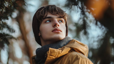 Portrait of a handsome young man in a yellow coat on the background of a winter forestの素材