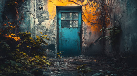 Blue door with a window in the middle of a room. The door is open and the room is emptyの素材