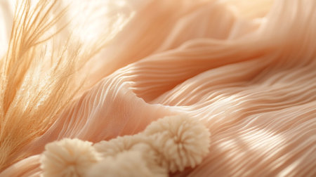 Piece of fabric with a pattern of white and tan swirls. There are also white pom poms on the fabricの素材