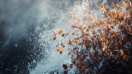 Tree with leaves that are falling in the rain. The leaves are orange and the sky is blueの素材