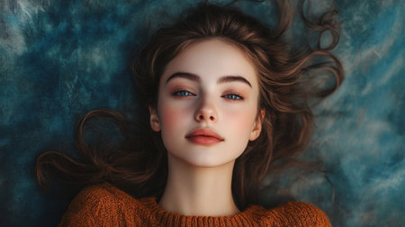 Woman with long brown hair and a red sweater laying on a blue surface. She has a pretty smile and her eyes are closedの素材