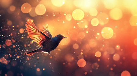 Bird is flying through a blurry, colorful background. The bird is the main focus of the image, and its wingspan is visible as it soars through the sky. The background is filled with brightの素材