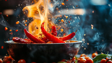Bowl of red peppers with a fire burning on top. The peppers are scattered around the bowl and some are even on the ground. The fire is creating a smoky atmosphere and the peppers are being cookedの素材