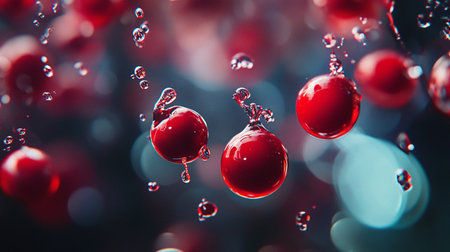 Close up of three red berries with water droplets surrounding them. Concept of freshness and vitality, as the berries are surrounded by the clear water dropletsの素材