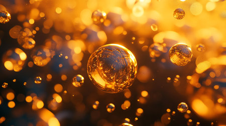 Close up of a bunch of bubbles in a yellowish color. The bubbles are scattered all over the image, creating a sense of movement and energy. Scene is playful and whimsicalの素材