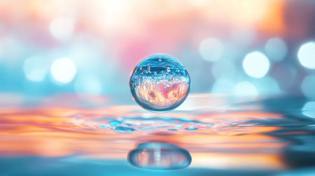Small, clear, round ball is floating on the surface of a body of water. The water is a deep blue color, and the ball is surrounded by a few small ripples. The scene is peaceful and sereneの素材