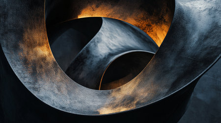 Sculpture of a twisted metal piece with a hole in the middle. The sculpture is made of metal and has a dark color. The sculpture has a unique and abstract design that gives it a sense of mysteryの素材