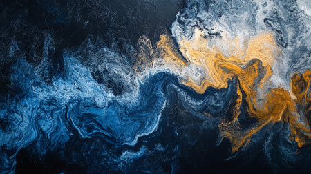Painting of a blue and yellow wave with a dark background. The painting has a dreamy, ethereal quality to itの素材