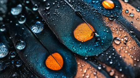 Close up of a feather with droplets of water on it. The feather is blue and orange, with the orange spots being the most prominent featureの素材