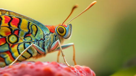 Vibrant and colorful butterfly is perched on a red flower, creating a striking contrast between the butterfly's bright colors and the red backgroundの素材