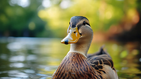Duck is swimming in a pond. The duck is brown and black. The water is calmの素材