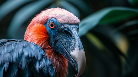 Bird with a blue head and red feathers. The bird is looking at the camera. The image has a mood of curiosity and wonderの素材