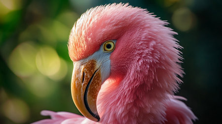 Pink flamingo with a yellow beak and a pink head. The bird is standing in a green fieldの素材