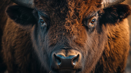 Brown bull with horns is staring at the camera. Concept of strength and power, as the bull's gaze is intense and focused. The brown color of the bull adds to the overall mood of the imageの素材