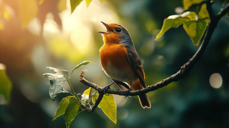 Bird is perched on a branch, singing. The bird is orange and black, and it is perched on a leafy branch. The image has a peaceful and serene mood, as the bird is singingの素材
