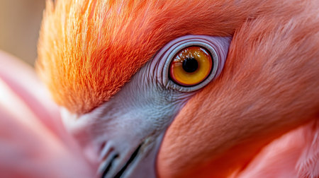 Close up of a flamingo's eye with a bright orange hue. The eye is surrounded by a pinkish-orange beak and feathers. Concept of beauty and vibrancyの素材