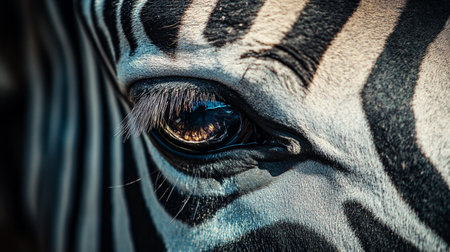 Zebra's eye is shown in close up. The eye is surrounded by a black and white striped patternの素材