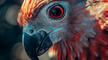 Close up of a red bird's face with a red eye. The bird's beak is open and it is eatingの素材