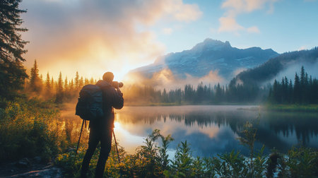 Man with a backpack is taking a picture of a lake. The sky is orange and the sun is setting. The man is wearing a camera and is standing near the waterの素材