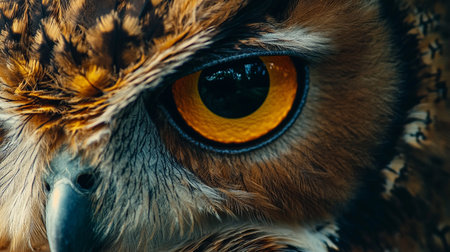 The eye of an owl is shown in a close up. The eye is yellow and the owl's feathers are brownの素材