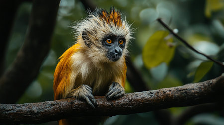 Monkey is sitting on a branch with its head tilted to the side. The monkey is looking at the cameraの素材