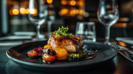 Plate of food with a piece of meat and vegetables on it. The plate is set on a table with a wine glass and a fork. Scene is elegant and sophisticatedの素材