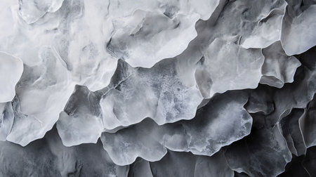 The image is a close up of a piece of ice with a lot of cracks and crevices. The ice is white and gray, and it looks like it has been broken apart. Scene is somewhat eerie and unsettlingの素材
