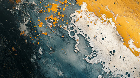 Painting with a blue and yellow background and white splatters. The splatters are in different sizes and shapes, and the painting has a sense of chaos and disorderの素材