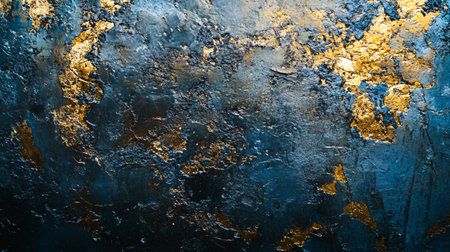 Blue and gold wall with a lot of texture. The wall is made of concrete and has a lot of gold and blue paintの素材