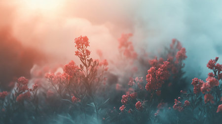 Field of red flowers with a blue sky in the background. The flowers are in full bloom and the sky is cloudyの素材
