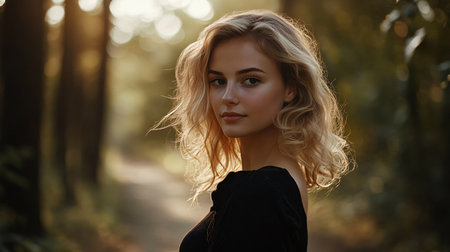 Woman with blonde hair is standing in a forest. She is wearing a black dress and has a serious expression on her faceの素材