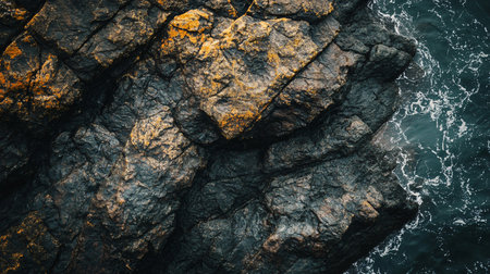 Rocky shoreline with a splash of water. The rocks are brown and the water is blueの素材