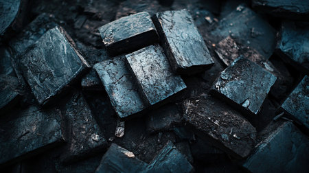 Pile of black rocks with a dark blue background. The rocks are piled on top of each other, creating a sense of depth and texture. Scene is somber and mysterious, as the dark colorsの素材