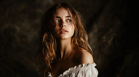 Woman with long brown hair and a pretty face is standing in front of a wall. She is wearing a white dress and has her hair pulled backの素材